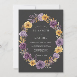 Charcoal Amethyst Ranunculus Eucalyptus Wedding Invitation
