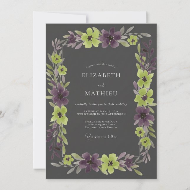 Charcoal Amethyst Wreath Wedding Invitation (Front)