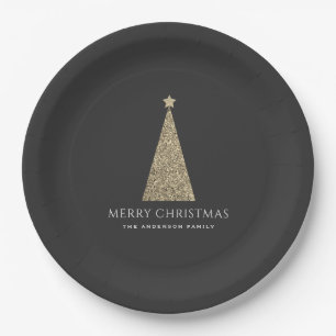Charcoal and Copper Gold Glitter Christmas Tree Paper Plate