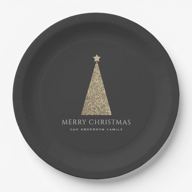 Charcoal and Copper Gold Glitter Christmas Tree Paper Plate (Front)