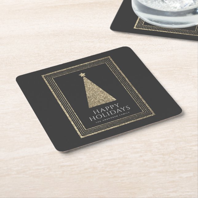 Charcoal and Copper Gold Glitter Christmas Tree Square Paper Coaster (Angled)