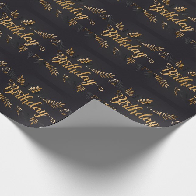 Charcoal and Gold Coloured Botanical Birthday Wrapping Paper (Corner)