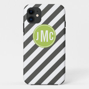 Charcoal and Lime Stripes with Custom Monogram iPhone 11 Case