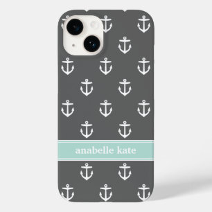 Charcoal and Mint Cute Anchors Custom Monogram Case-Mate iPhone 14 Case