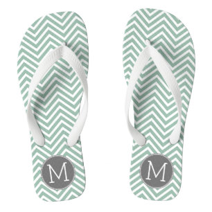Charcoal and Mint Green Chevrons Custom Monogram Flip Flops