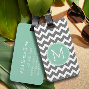Charcoal and Mint Green Chevrons Custom Monogram Luggage Tag