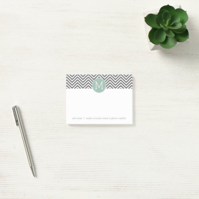 Charcoal and Mint Green Chevrons Custom Monogram Post-it Notes (Office)