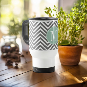 Charcoal and Mint Green Chevrons Custom Monogram Travel Mug