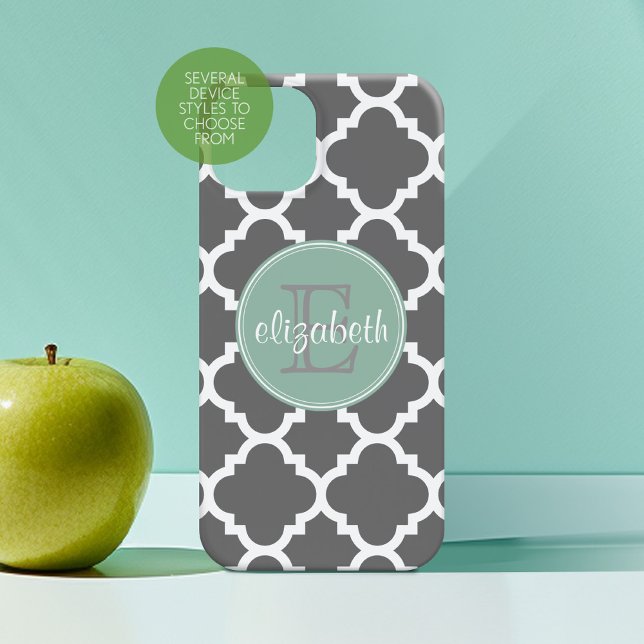 Charcoal and Mint Quatrefoil Pattern Monogram Case-Mate iPhone Case (Personalized Phone Case with Custom Monogram)
