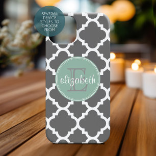 Charcoal and Mint Quatrefoil Pattern Monogram iPhone 13 Mini Case