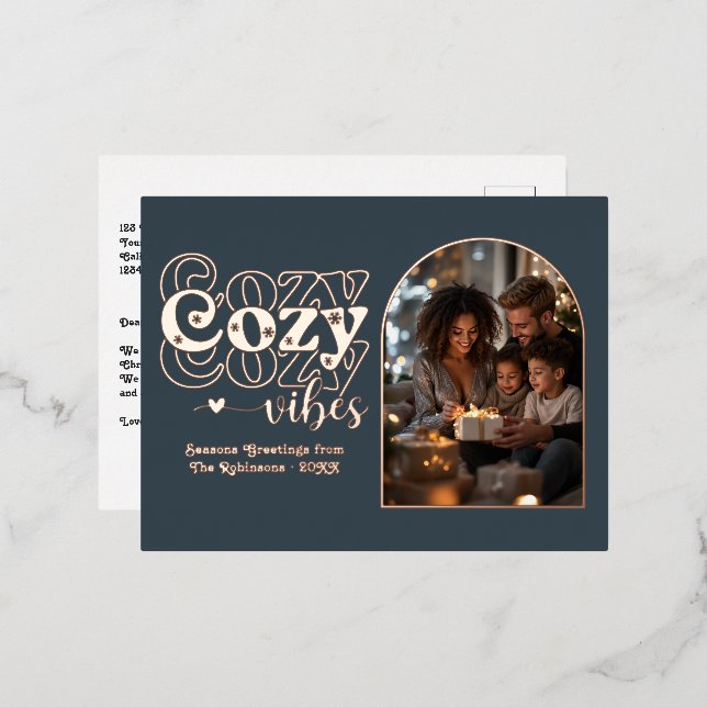 Charcoal and Rose Gold Cozy Vibes Retro Christmas Foil Holiday Postcard (Front/Back)