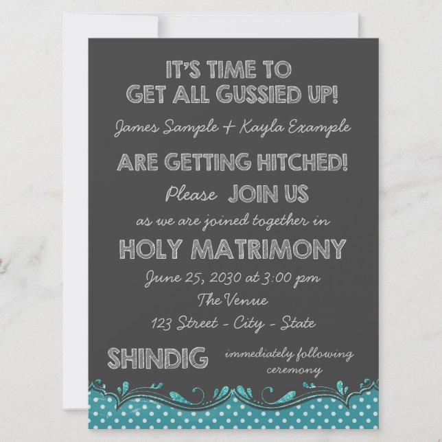Charcoal and Teal Blue Chalkboard Country Wedding Invitation (Front)