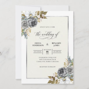 Charcoal Antique Silver Leaf Wedding Invitation