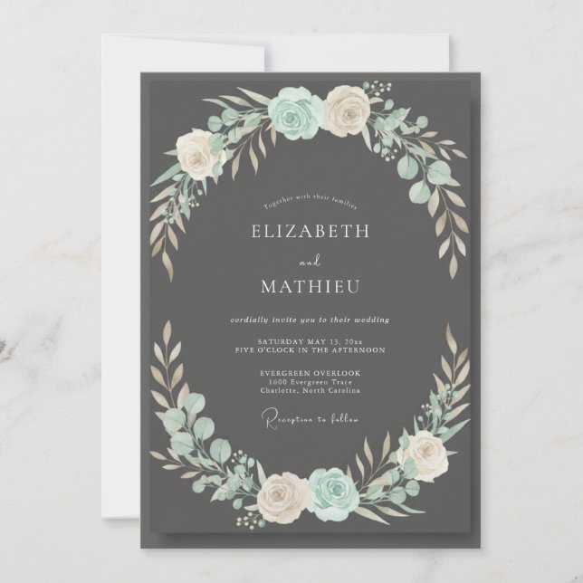 Charcoal Aqua Leafy Wedding Invitation (Front)