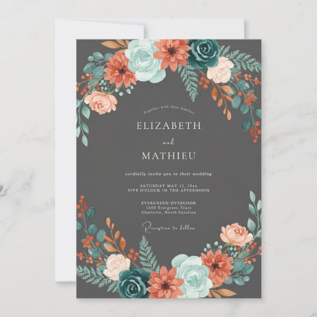 Charcoal Aqua Wildflower Wedding Invitation (Front)