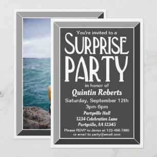 Charcoal Art Deco Photo Birthday Surprise Party Invitation