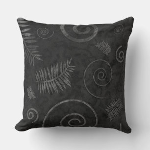 Charcoal Black Graphic Shell and Fern Leaf Fossil Throw Pillow