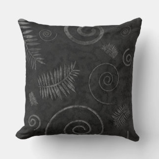 Charcoal Black Graphic Shell and Fern Leaf Fossil Throw Pillow