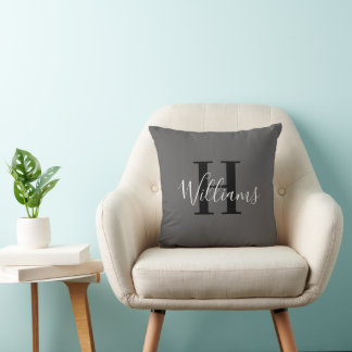 Charcoal Black Monogram Name Script Typography Throw Pillow