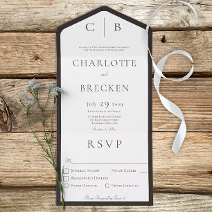 Charcoal Black & White Monogram Minimal Dinner All In One Invitation