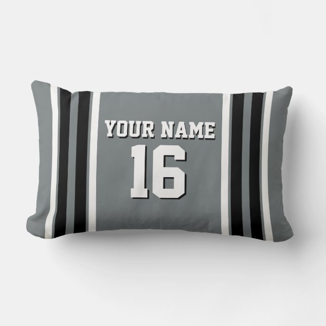 Charcoal Black Wht Team Jersey Custom Number Name Lumbar Pillow (Front)