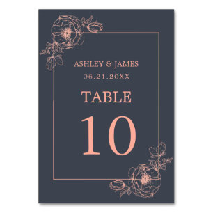 Charcoal Blue Rose Gold Floral Outline Wedding Table Number