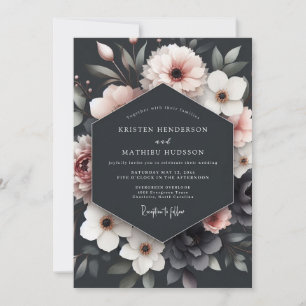 Charcoal Blush Floral Romance Wedding Invitation