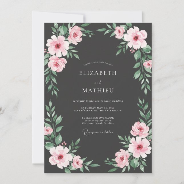 Charcoal Blush Petal Wedding Invitation (Front)