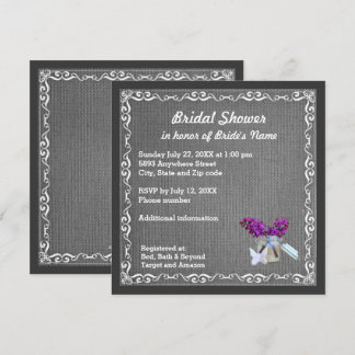 Charcoal Burlap, Purple Flowers, Jar Bridal Shower Invitation