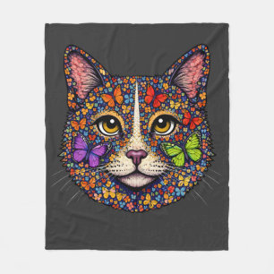 Charcoal Butterfly Blooms Cat Portrait Kitty Lover Fleece Blanket