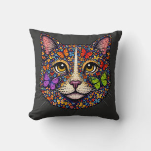 Charcoal Butterfly Blooms Cat Portrait Kitty Lover Throw Pillow