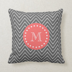 Charcoal Coral Chevron Pattern 2A Monogram Throw Pillow