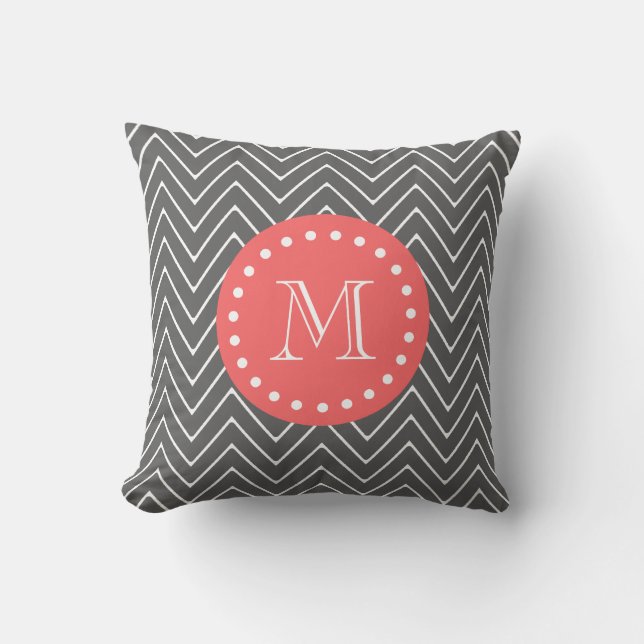 Charcoal Coral Chevron Pattern 2A Monogram Throw Pillow (Front)