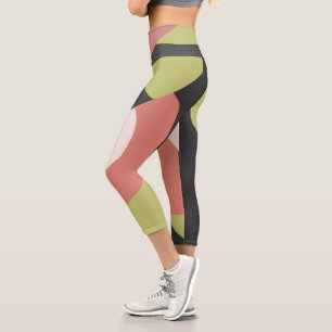 Charcoal Coral Mustard Abstract Art Pastel Capri Leggings