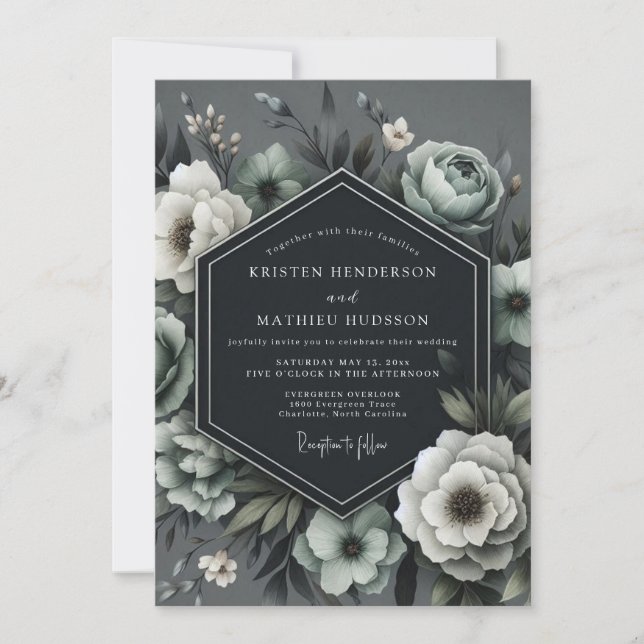 Charcoal Dramatic Flora Wedding Invitation (Front)