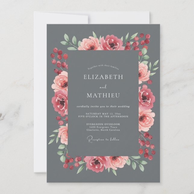Charcoal Dusty Pink Painted Wedding Invitation (Front)