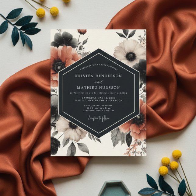 Charcoal Floral Moody Romance Wedding Invitation (Creator Uploaded)