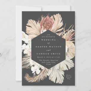 Charcoal Floral Pampas Dried Grass Tropical Jungle Invitation