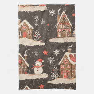 Charcoal Gingerbread House Snowman Christmas Candy Kitchen Towel