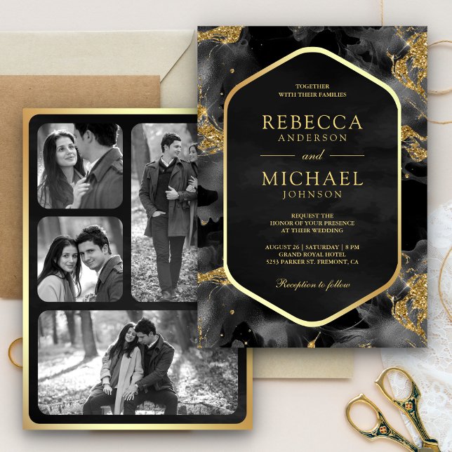 Charcoal Gold Abstract Fluid Ink Photo Wedding Invitation (Creator Uploaded)