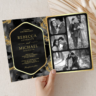 Charcoal Gold Abstract Fluid Ink QR Code Wedding Invitation