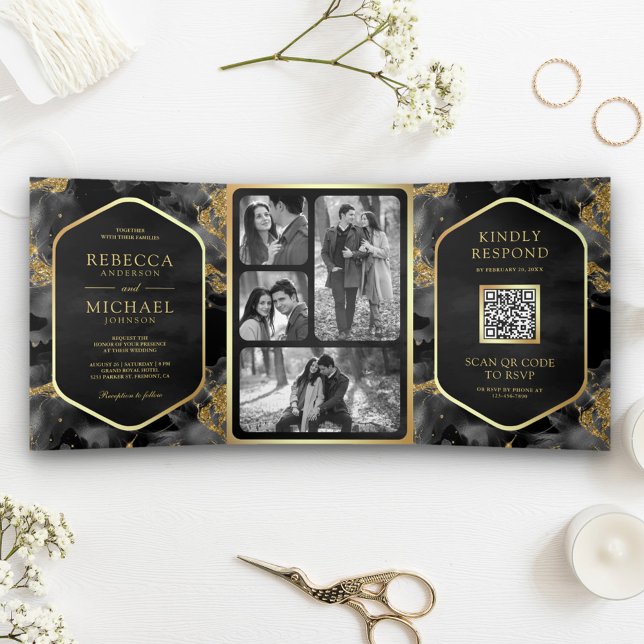 Charcoal Gold Abstract Fluid Ink QR Code Wedding Tri-Fold Invitation (Creator Uploaded)