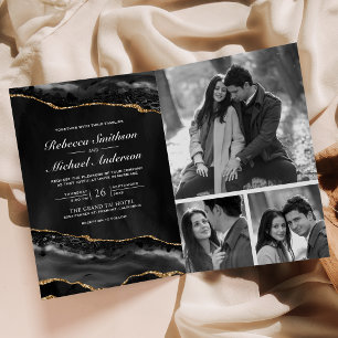 Charcoal Gold Agate Photo Collage QR Code Wedding Invitation