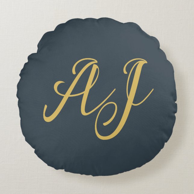Charcoal Gold Color Monogram Professional Initial Round Pillow (Front)