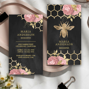 Charcoal Gold Foil Blush Pink Floral Honey Bee Business Card