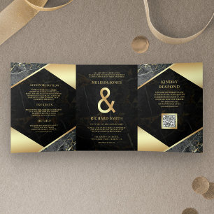 Charcoal Gold Marble Ampersand QR Code Wedding Tri-Fold Invitation