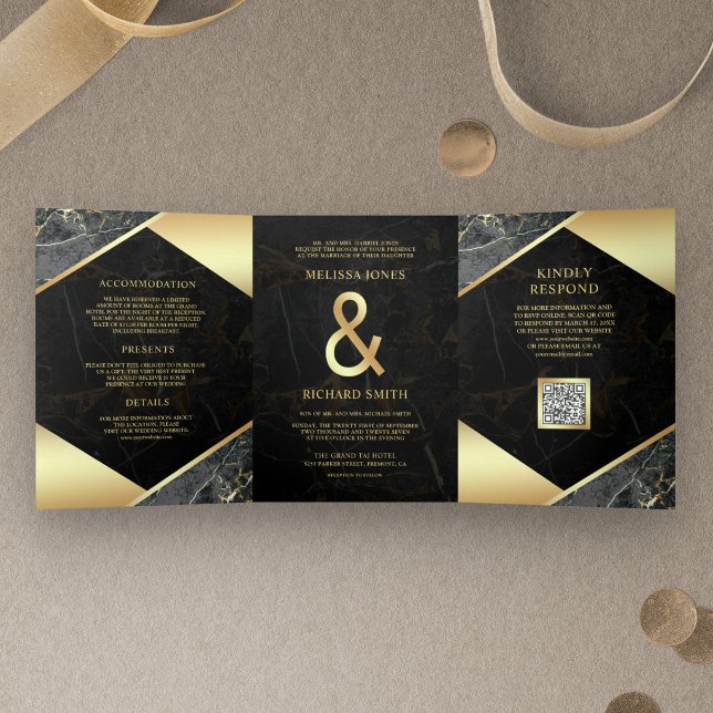 Charcoal Gold Marble Ampersand QR Code Wedding Tri-Fold Invitation (Creator Uploaded)
