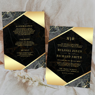 Charcoal Gold Marble Monogram All in One Wedding Invitation