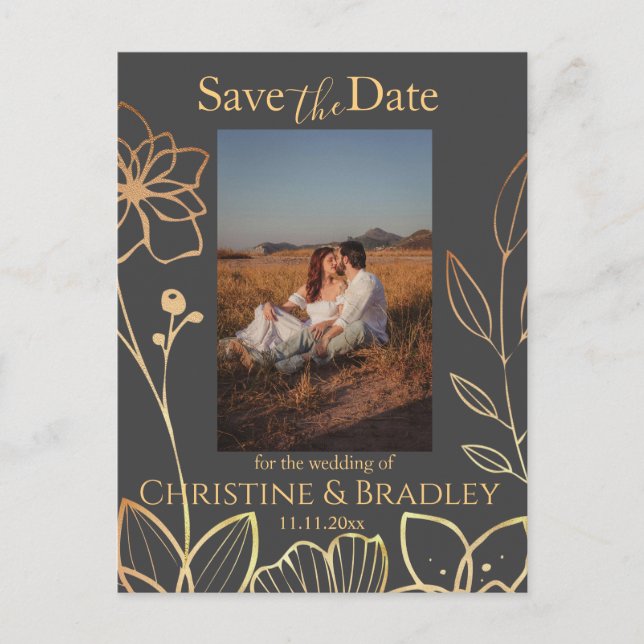 Charcoal & Gold Save the Date Photo Postcard (Front)
