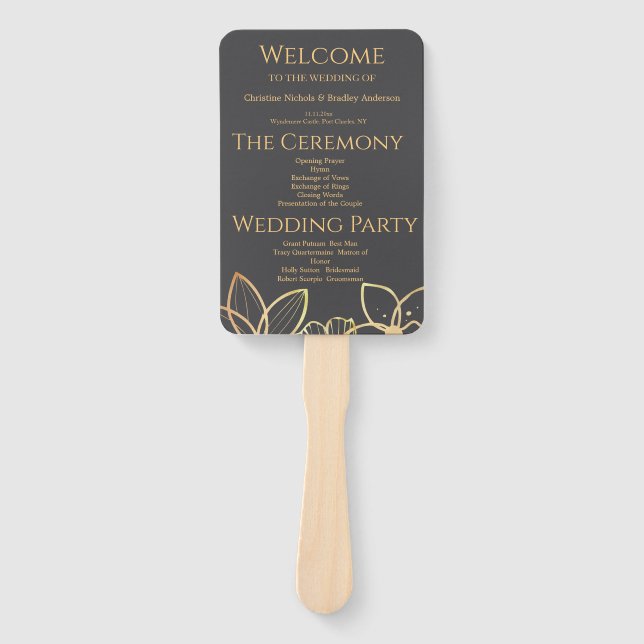 Charcoal & Gold Wedding Program Hand Fan (Front)